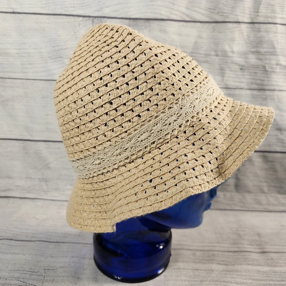 Disney Parks Mickey Mouse Lace Bow Straw Cloche Sun Hat Beige Adult 57cm